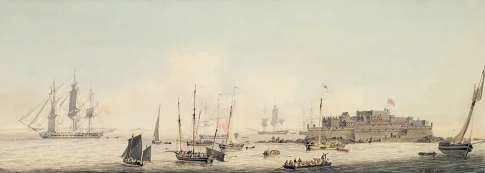 Ansicht von Castle Cornet, Guernsey, mit Schiffen, ca. 1800